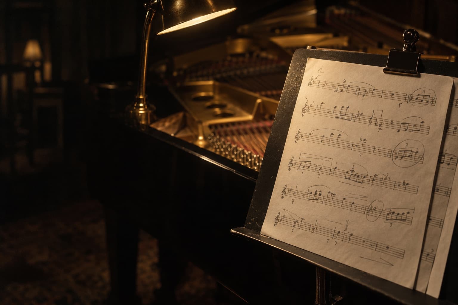 A handwritten chart clipped to a music stand beside an open grand piano, under a brass lamp