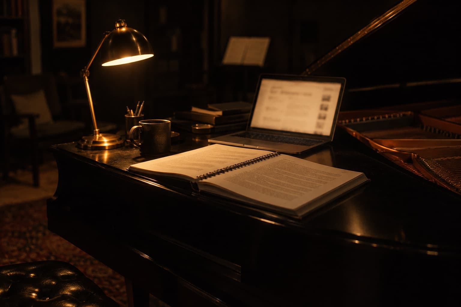 A printed handbook open on the lid of a grand piano beside a laptop, under a brass lamp