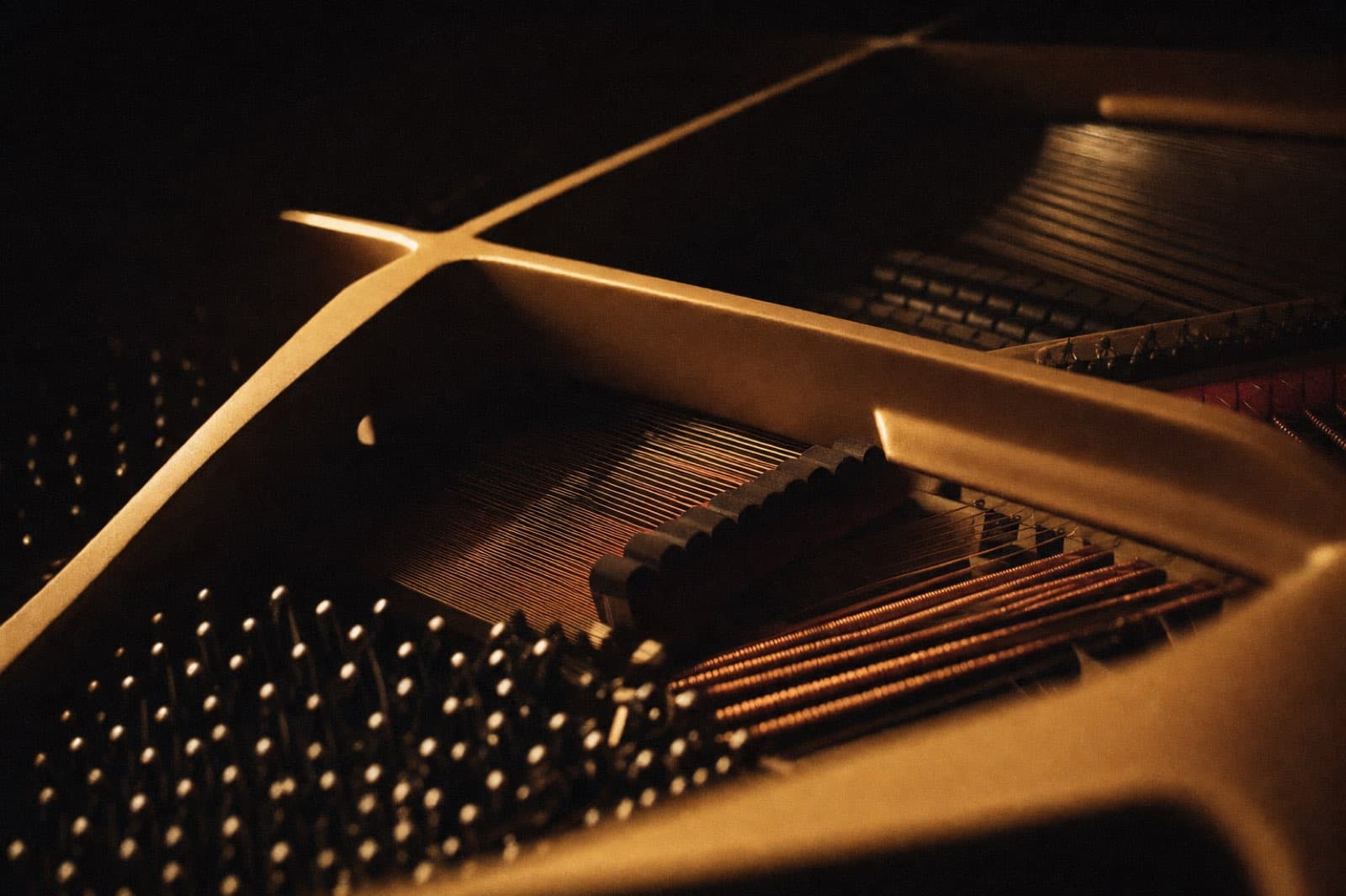 The cast-iron harp and copper strings inside an open grand piano, lit from one side