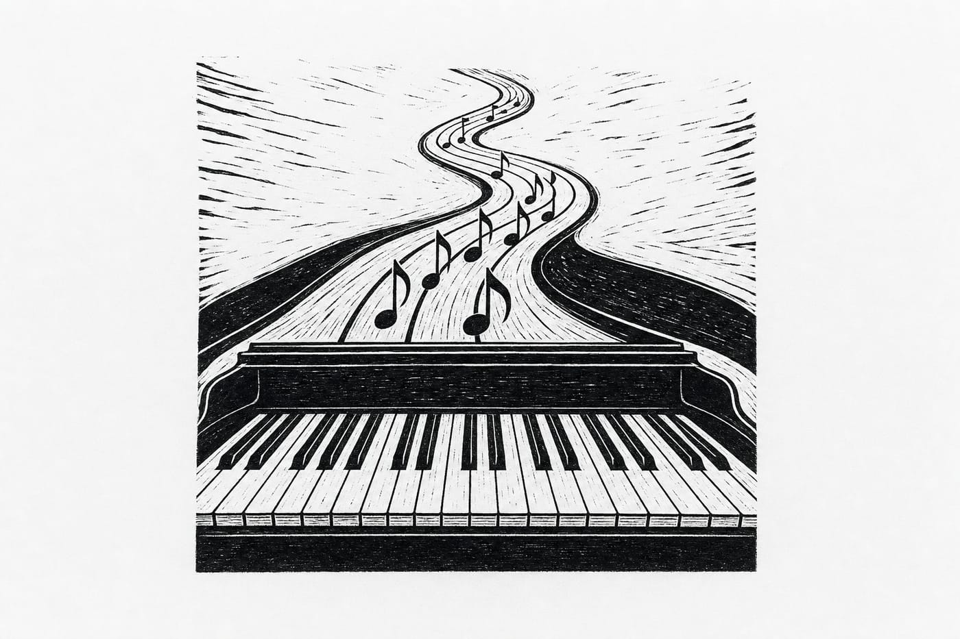 Ink print of a keyboard and staff paper, the course cover illustration